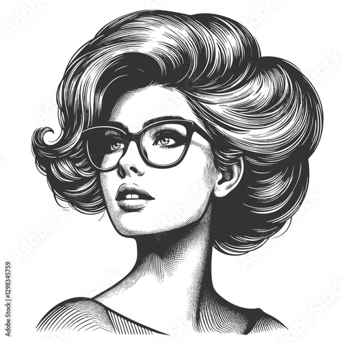 woman with large glasses and voluminous wavy hair, gazing thoughtfully sketch engraving generative ai fictional character vector illustration. Scratch board imitation. Black and white image.