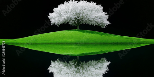 White tree and green hill reflection, minimalist style, green and white, nature and serenity