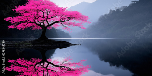 Pink cherry blossom tree by lake, vibrant colors, spring landscape for serene backgrounds