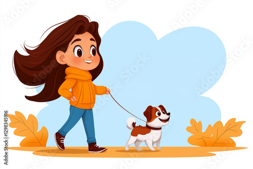 Happy girl walking dog, cheerful mood, outdoor walk against sky and leaves backdrop