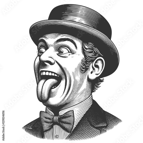 man in a bowler hat and bow tie, sticking out his tongue playfully sketch engraving generative ai fictional character vector illustration. Scratch board imitation. Black and white image.