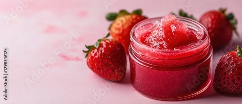 Strawberry-Infused Lip Scrub in Glass Jar Surrounded by Fresh Strawberries