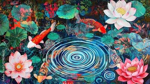 Colorful pond with koi and lotus flowers