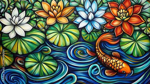 Colorful lotus pond mural with koi fish