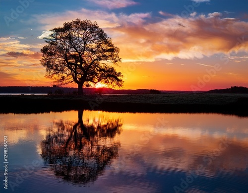 Lone tree silhouetted against a vibrant sunset over a calm, reflective lake.