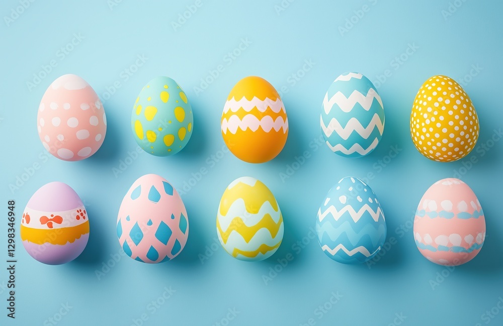 Colorful Pastel Easter Eggs with Various Patterns on a Blue Background, Celebrating the Happy Easter Concept Colorful Pastel Easter Eggs with Various Patterns on a Blue Background, Celebrating the Happy Easter Concept