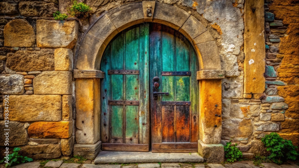 Historic building entrance: Timeworn stone archway embracing a rustic wooden door. Historic building entrance: Timeworn stone archway embracing a rustic wooden door.