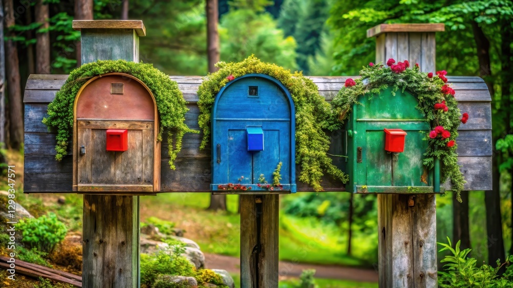 Charming Rustic Mailboxes Adorned with Lush Greenery and Vibrant Blossoms in a Serene Natural Setting Charming Rustic Mailboxes Adorned with Lush Greenery and Vibrant Blossoms in a Serene Natural Setting
