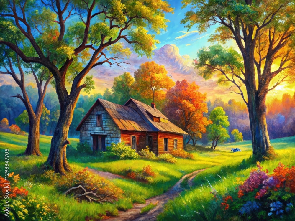 Imposing trees and vibrant green grass surround a collapsed house in this lively oil landscape. Imposing trees and vibrant green grass surround a collapsed house in this lively oil landscape.