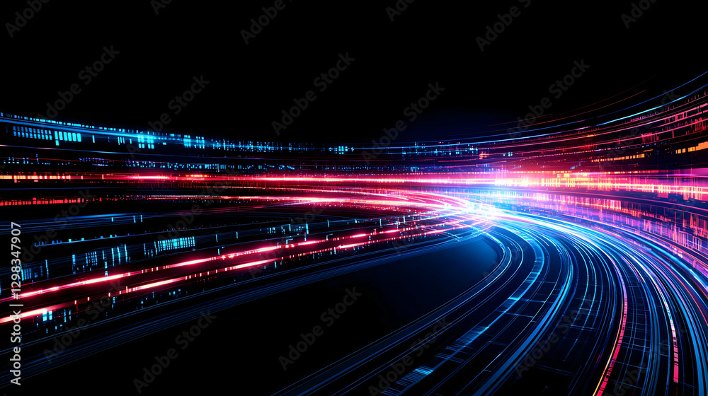 Abstract Digital Light Trail with Blue and Red Lines on Black Background
