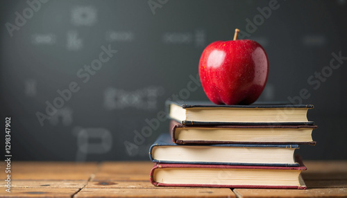 Red Apple on a Stack of Books Against a School Board Background, Education and Learning Concept