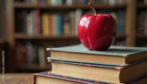 Red Apple on a Stack of Books Against a Bookshelf Background, Education and Knowledge Concept