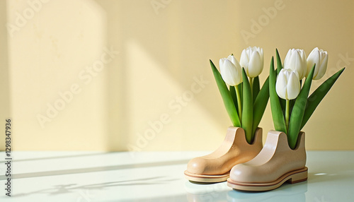 White Tulips in Wooden Shoe-Shaped Vases, Rustic Spring and Dutch Tradition Decor