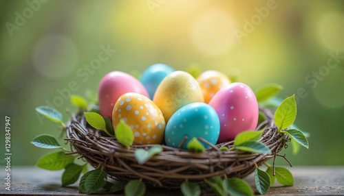 Pastel-Colored Eggs in a Nest-Shaped Basket, Easter and Spring Celebration Concept