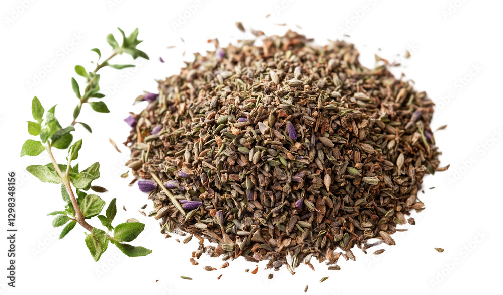 Fresh thyme leaves and dried thyme herb pile create vibrant display of flavors. This aromatic herb is perfect for enhancing various dishes and adds delightful touch to culinary creations Fresh thyme leaves and dried thyme herb pile create vibrant display of flavors. This aromatic herb is perfect for enhancing various dishes and adds delightful touch to culinary creations