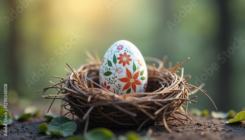 Easter Egg in a Nest-Shaped Basket, Festive Spring and Holiday Decoration