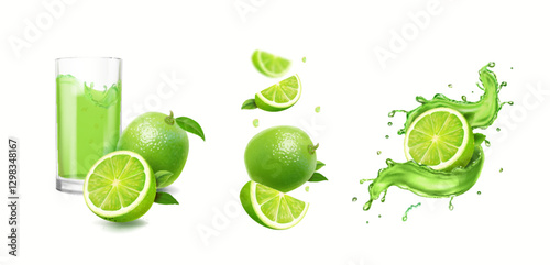Set of fresh Lime. Whole, half, cut slice lime fruits isolated on White background. Drink glass of lemonade, splashing mojito.. Citrus fruit juice splash. Realistic 3d Vector illustration