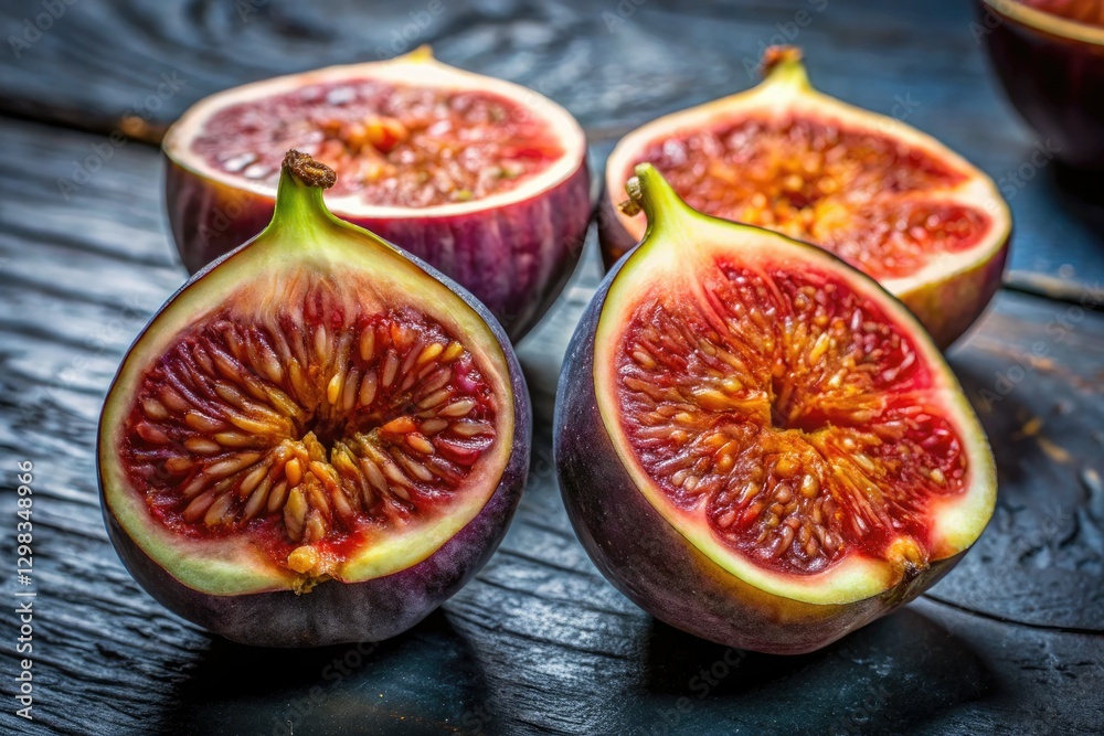 Juicy halved figs dominate this close-up still life, their texture and color enhanced by the rule of thirds composition. Juicy halved figs dominate this close-up still life, their texture and color enhanced by the rule of thirds composition.