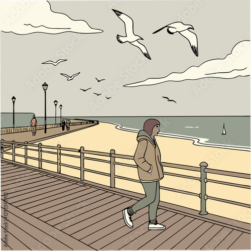 Person on a boardwalk walking by the beach with seagulls flying