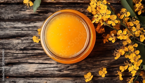 Honey Jar on Wooden Surface with Flowers