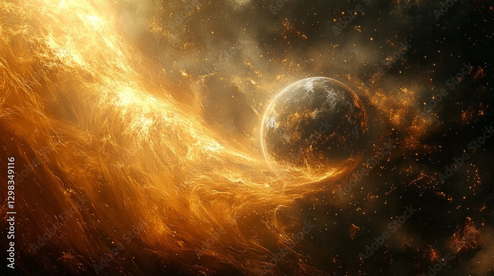 Fototapeta premium The Earth glowing softly with abstract light rays and swirling patterns around it 