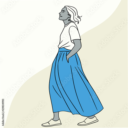 Person Wearing A Maxi Skirt walking confidently in a soft background.