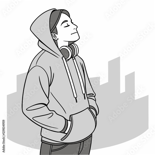 Person Wearing A Hoodie And Headphones looking relaxed against a city backdrop