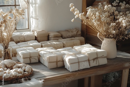 Gift boxes, sunlight, rustic room