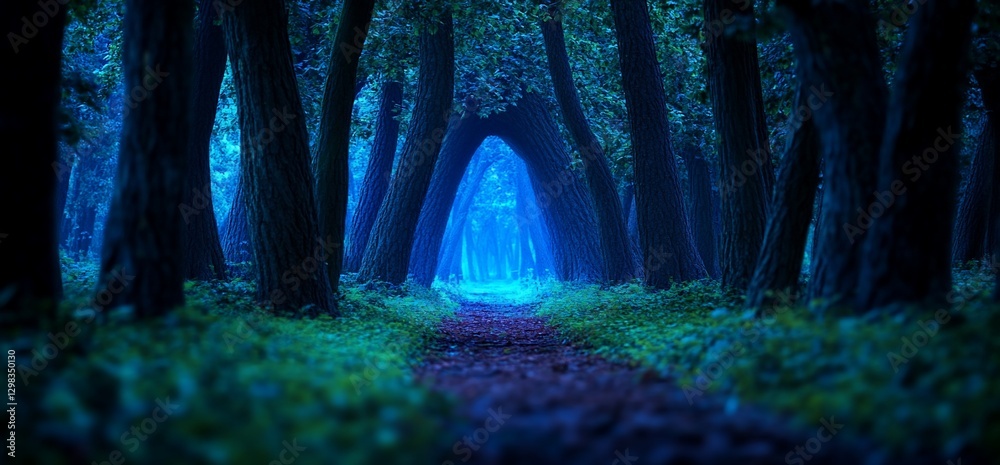 Fototapeta premium Mystical forest path at twilight, leading to blue light