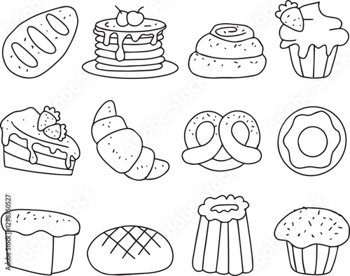 Illustration of bakery products. Hand-drawn line art set 12 pcs