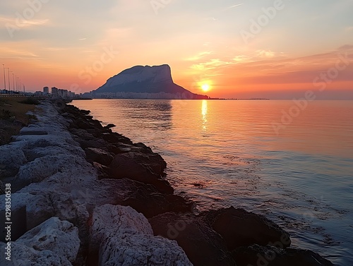 Sunrise over Mount with Coastal Rocks