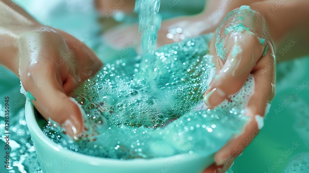 Fototapeta premium A woman's hands are washing a bowl full of green bubbles.