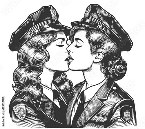 two female police officers kissing, representing love, diversity, and inclusivity themes sketch engraving generative ai vector illustration. Scratch board imitation. Black and white image.