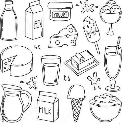 Milk Dairy Products set Black and white line art vector illustration hand-drawn