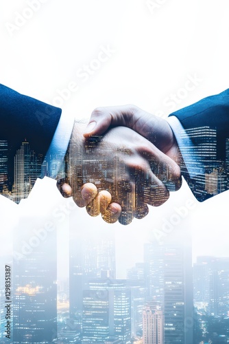 business handshake with city skyline double exposure effect on white background