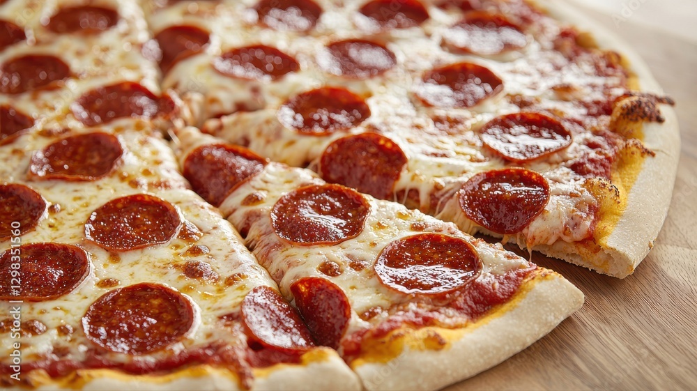 Close-up of a delicious pepperoni pizza with a golden crust, ready to be served and enjoyed. Close-up of a delicious pepperoni pizza with a golden crust, ready to be served and enjoyed.