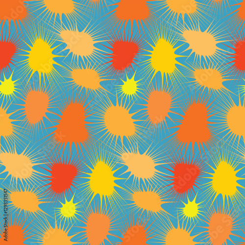 Abstract geometric seamless pattern. Colorful blobs of orange, yellow, red, on pastel blue background