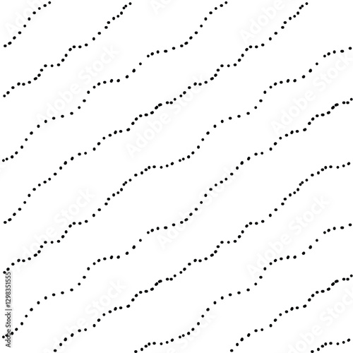 Simple abstract seamless pattern of slanted dotted curved hand drawn lines. Black and white design of diagonal stripes