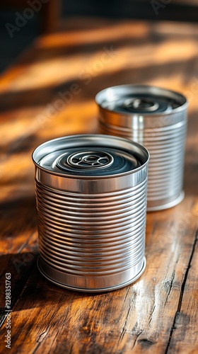 Two Metal Cans on Wooden Table