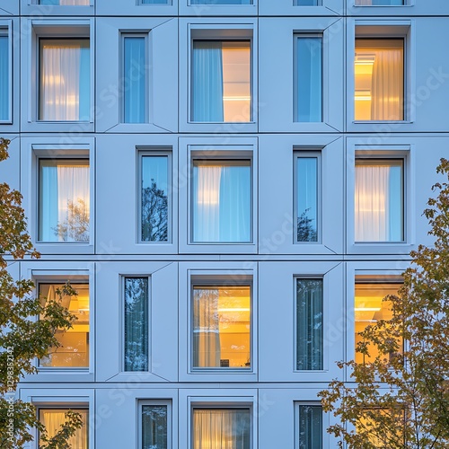 Modern building facade at dusk