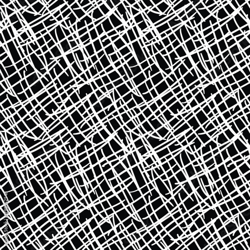 Ragged grid seamless pattern. Black and white hand drawn texture
