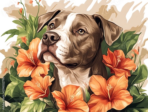 Dog Portrait with Hibiscus Flowers