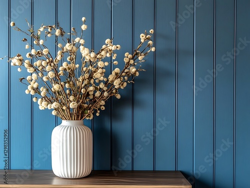 Dried flowers in vase on blue wall