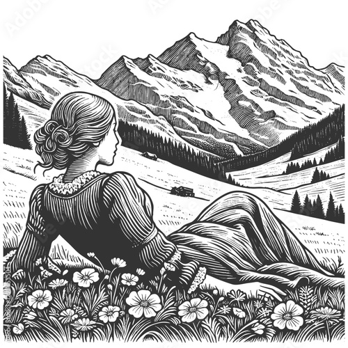 woman lying in a meadow with blooming flowers, gazing at a scenic mountain landscape sketch engraving generative ai vector illustration. Scratch board imitation. Black and white image.