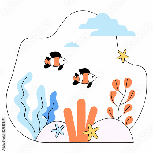 Adorable Clownfish Underwater Scene: Colorful Illustration, Kids Design.