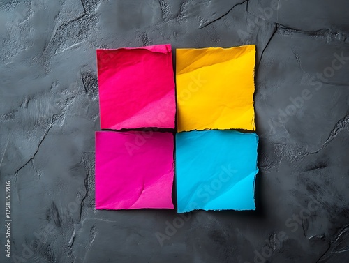 Four colorful sticky notes on dark concrete