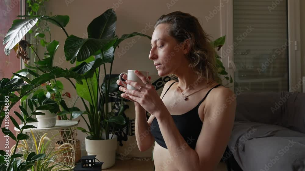 ZOOM IN MUJER OLIENDO CAFÉ CERRANDO LOS OJOS. CHICA CON ROPA DEPORTIVA RODEADA DE PLANTAS EN UN PISO. RELAJACIÓN Y PAZ INTERIOR EN CASA 