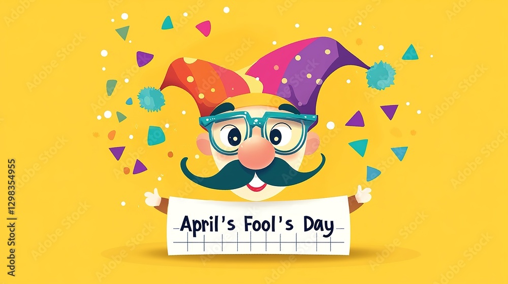 Fototapeta premium An April's Fool's Day illustration with a jester in a colorful hat, blue - framed glasses, mustache, pink nose, holding a white 