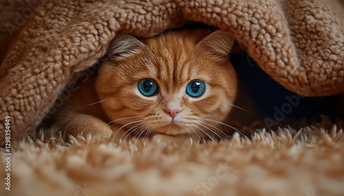 Ginger cat hides under blanket