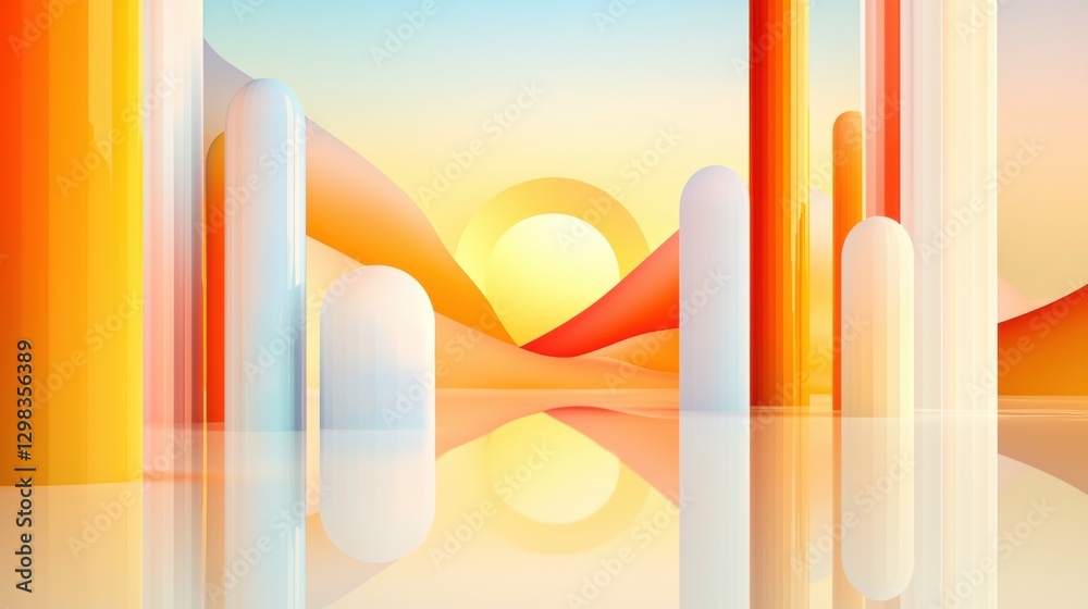 A digital illustration of a serene landscape at sunrise, featuring a calm body of water, a sun rising over distant mountains, and a cityscape with tall, reflective columns. A digital illustration of a serene landscape at sunrise, featuring a calm body of water, a sun rising over distant mountains, and a cityscape with tall, reflective columns.